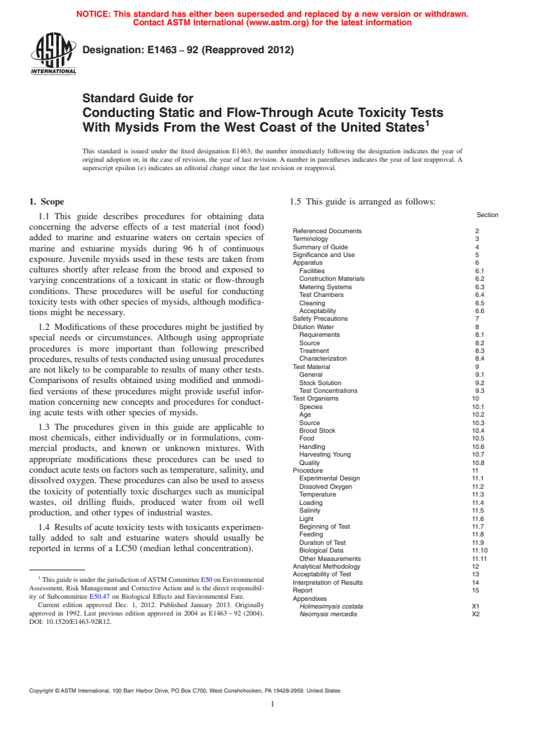 ASTM E1463-92(2012) - Standard Guide for  Conducting Static and Flow-Through Acute Toxicity Tests With  Mysids From the West Coast of the United States (Withdrawn 2021)