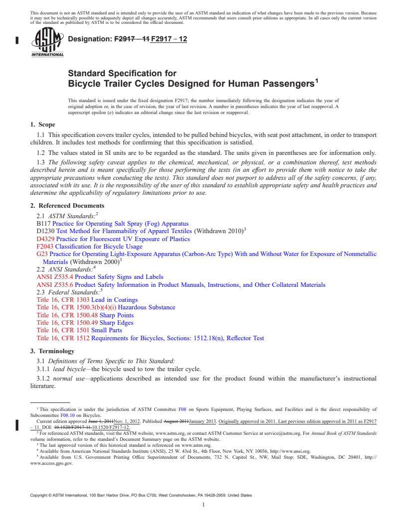 REDLINE ASTM F2917-12 - Standard Specification for  Bicycle Trailer Cycles Designed for Human Passengers