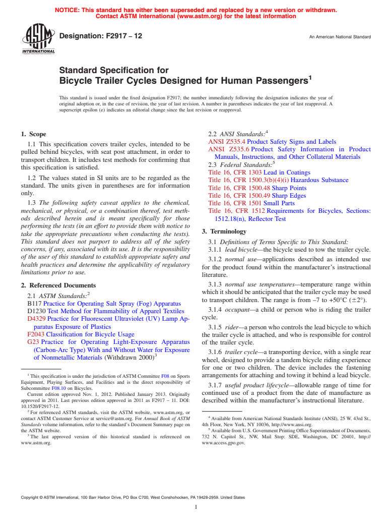 ASTM F2917-12 - Standard Specification for  Bicycle Trailer Cycles Designed for Human Passengers