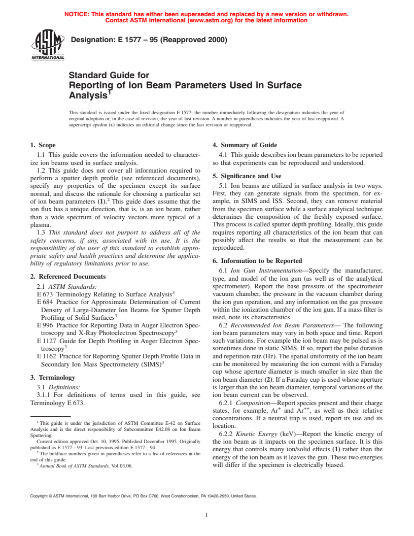 ASTM E1577-95(2000) - Standard Guide for Reporting of Ion Beam Parameters Used in Surface Analysis