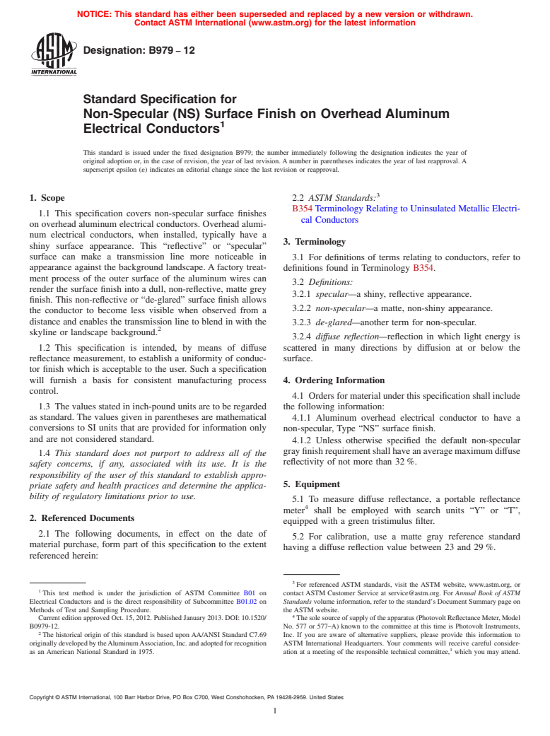 ASTM B979-12 - Standard Specification for Non-Specular (NS) Surface Finish on Overhead Aluminum Electrical Conductors