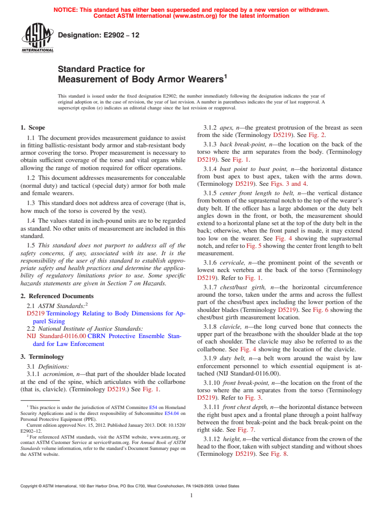 ASTM E2902-12 - Standard Practice for Measurement of Body Armor Wearers (Withdrawn 2019)