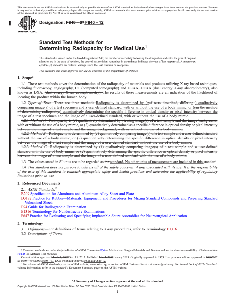 REDLINE ASTM F640-12 - Standard Test Methods for  Determining Radiopacity for Medical Use