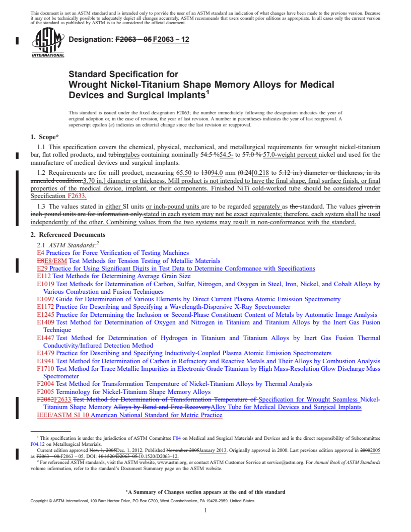 REDLINE ASTM F2063-12 - Standard Specification for  Wrought Nickel-Titanium Shape Memory Alloys for Medical Devices  and Surgical Implants