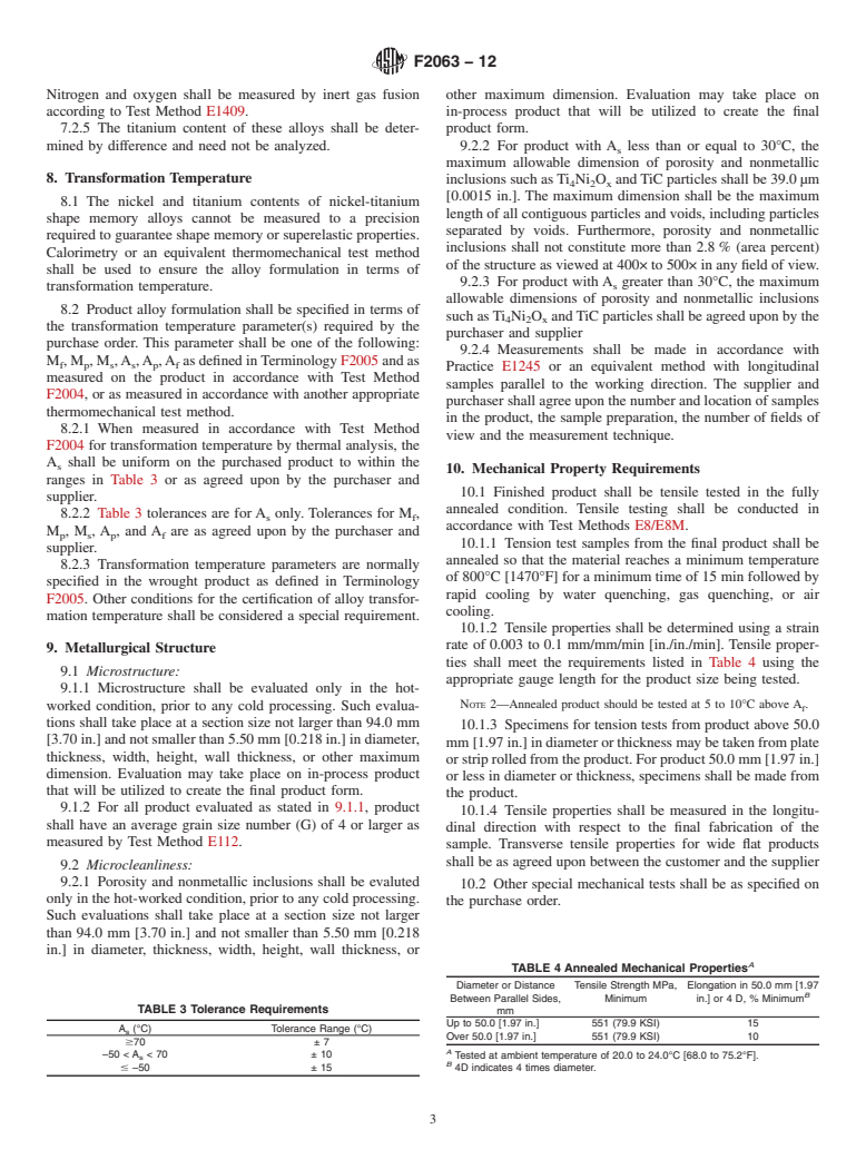 ASTM F2063-12 - Standard Specification for  Wrought Nickel-Titanium Shape Memory Alloys for Medical Devices  and Surgical Implants