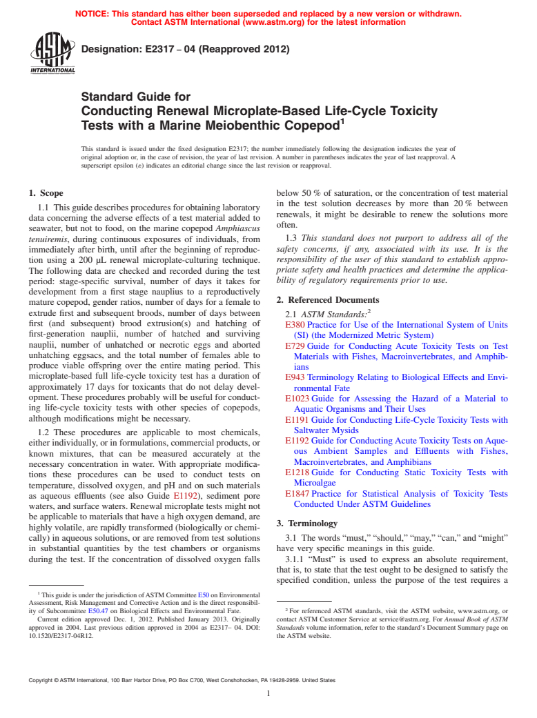 ASTM E2317-04(2012) - Standard Guide for  Conducting Renewal Microplate-Based Life-Cycle Toxicity Tests  with a Marine Meiobenthic Copepod (Withdrawn 2021)