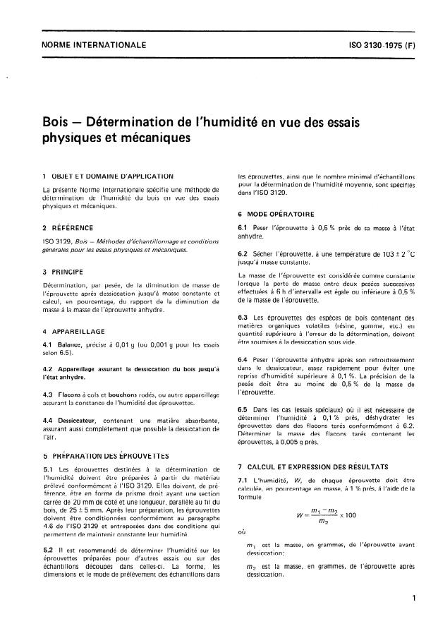 ISO 3130:1975 - Bois -- Détermination de l'humidité en vue des essais physiques et mécaniques