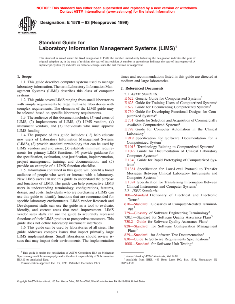 ASTM E1578-93(1999) - Standard Guide for Laboratory Information Management Systems (LIMS)