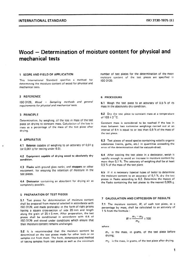 ISO 3130:1975 - Wood -- Determination of moisture content for physical and mechanical tests