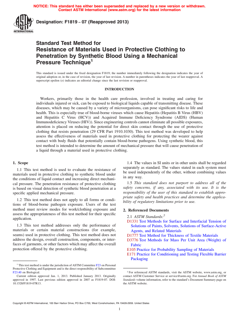 ASTM F1819-07(2013) - Standard Test Method for  Resistance of Materials Used in Protective Clothing to Penetration  by Synthetic Blood Using a Mechanical Pressure Technique