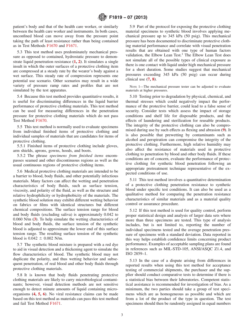 ASTM F1819-07(2013) - Standard Test Method for  Resistance of Materials Used in Protective Clothing to Penetration  by Synthetic Blood Using a Mechanical Pressure Technique