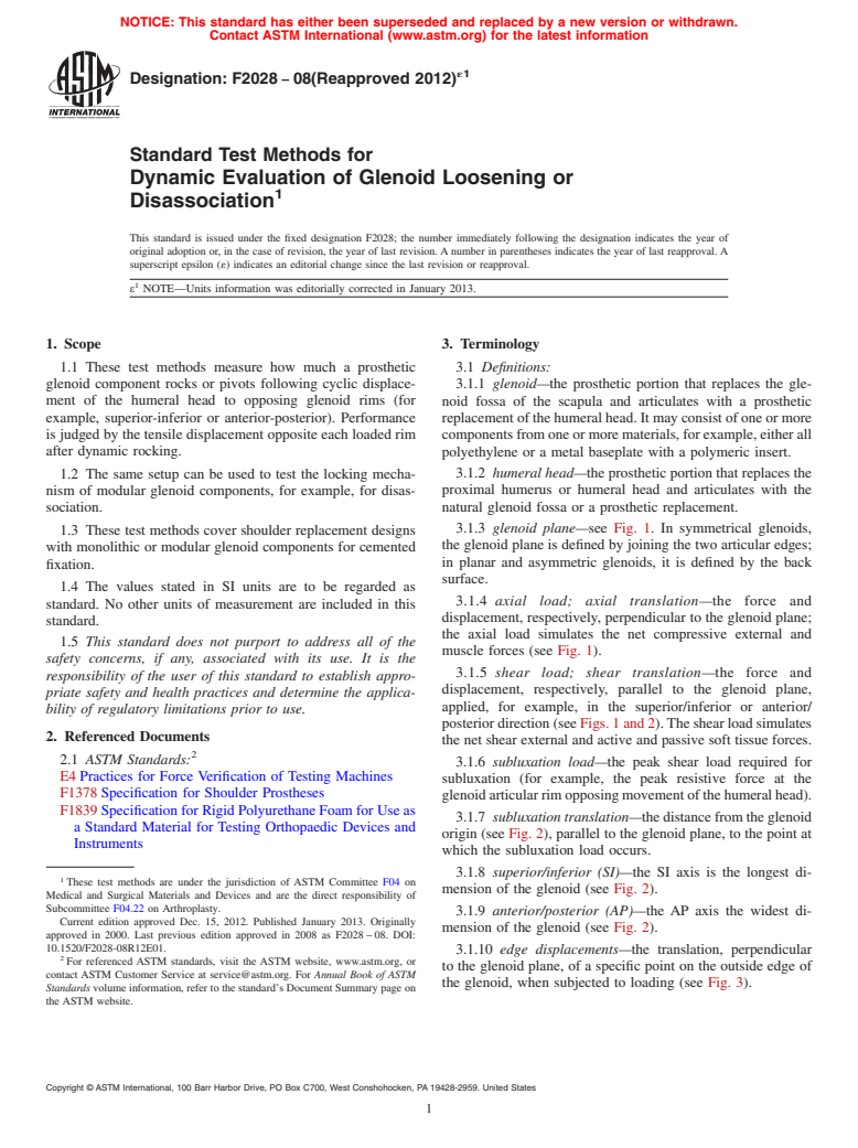 ASTM F2028-08(2012)e1 - Standard Test Methods for  Dynamic Evaluation of Glenoid Loosening or Disassociation