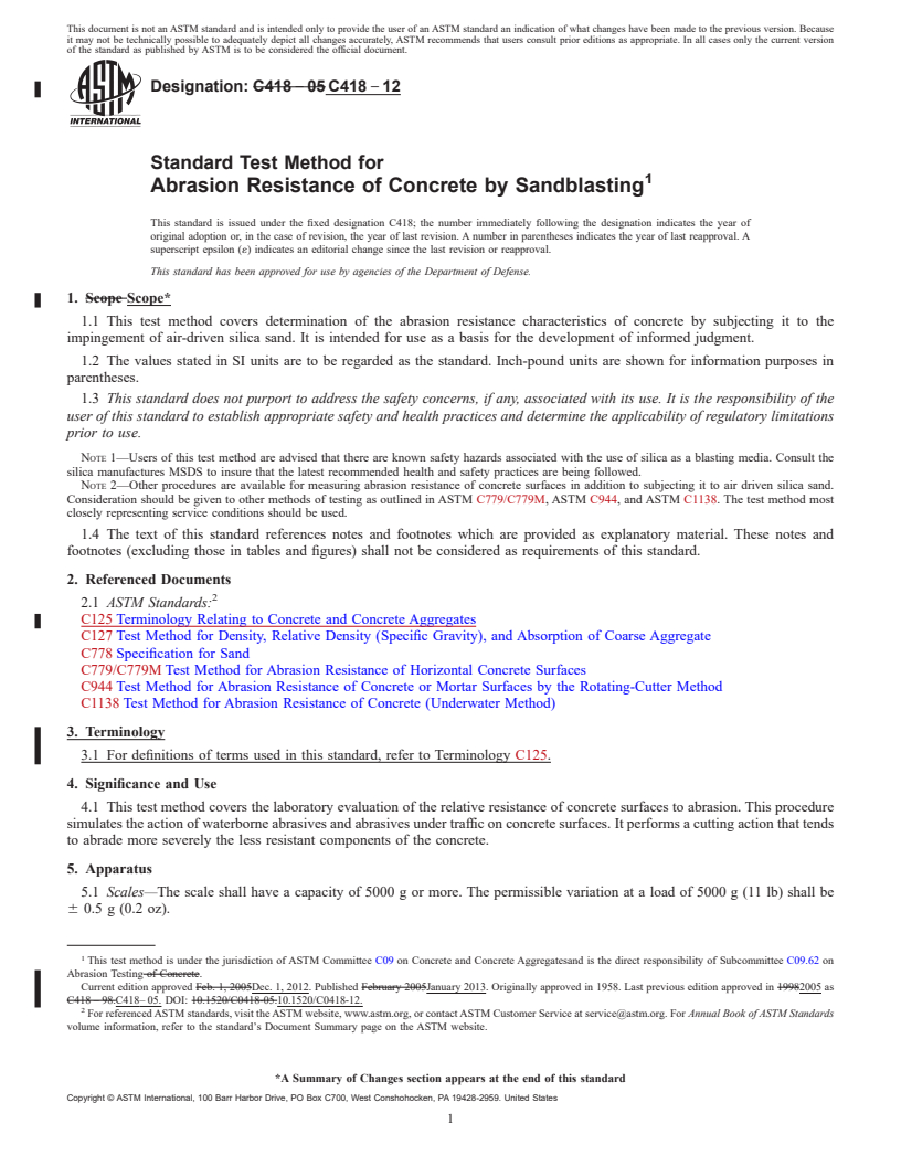 REDLINE ASTM C418-12 - Standard Test Method for  Abrasion Resistance of Concrete by Sandblasting