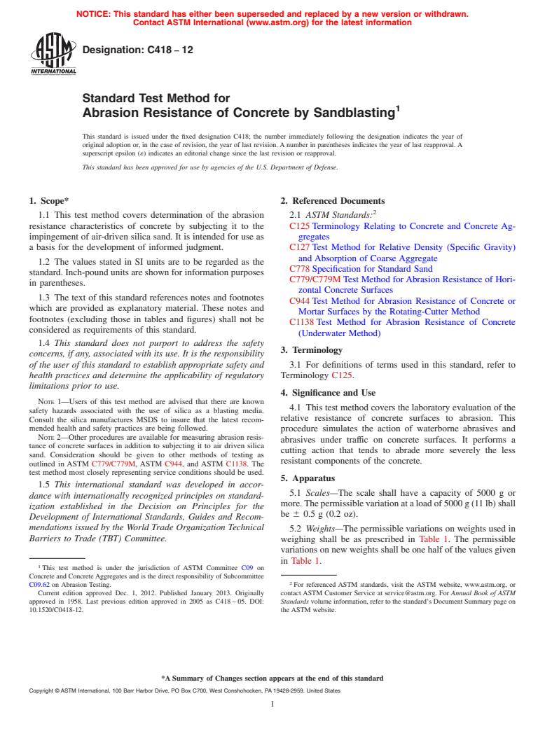 ASTM C418-12 - Standard Test Method for  Abrasion Resistance of Concrete by Sandblasting