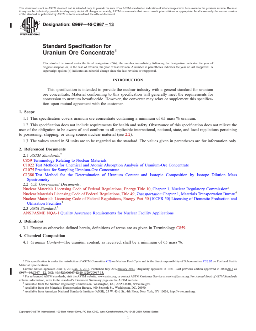 REDLINE ASTM C967-13 - Standard Specification for  Uranium Ore Concentrate