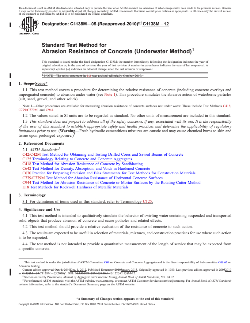 REDLINE ASTM C1138M-12 - Standard Test Method for  Abrasion Resistance of Concrete (Underwater Method)