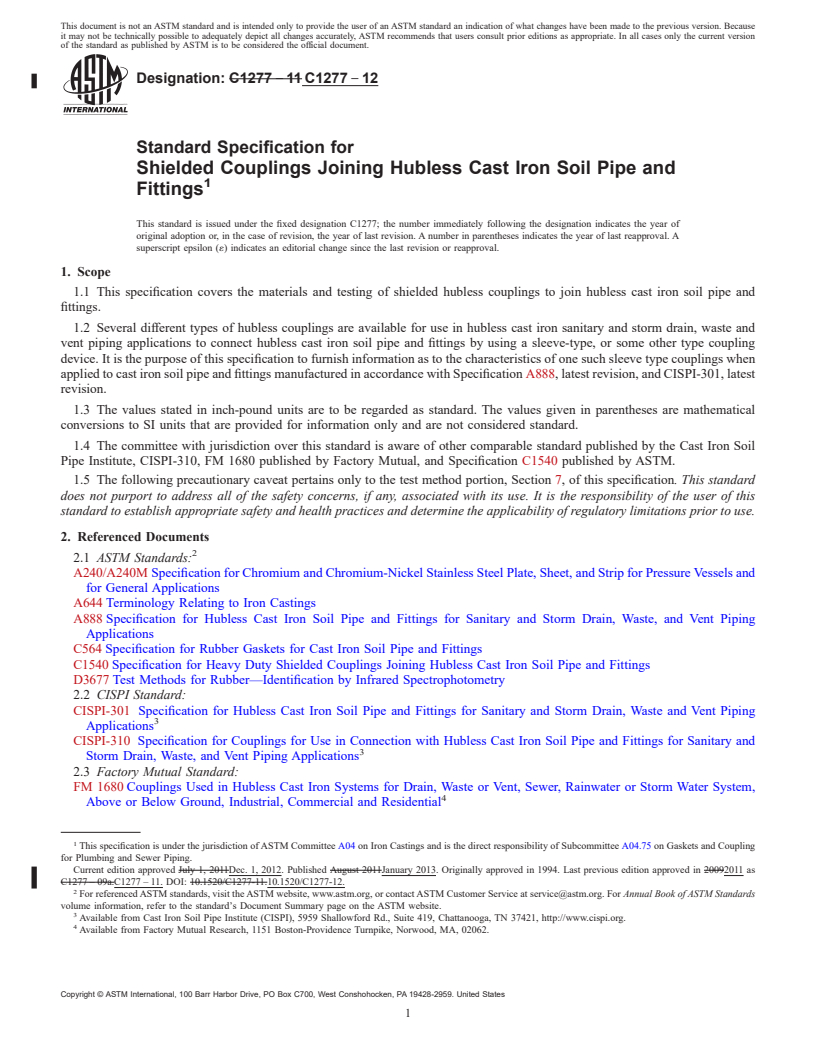 REDLINE ASTM C1277-12 - Standard Specification for  Shielded Couplings Joining Hubless Cast Iron Soil Pipe and   Fittings