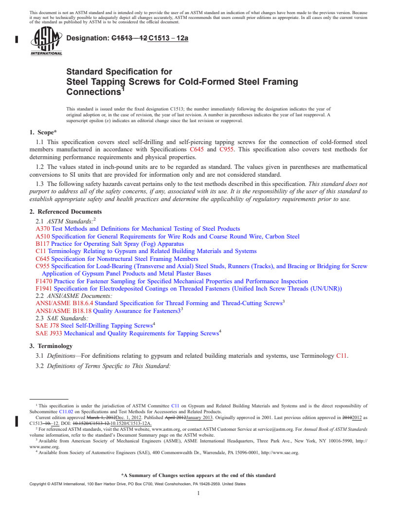 REDLINE ASTM C1513-12a - Standard Specification for  Steel Tapping Screws for Cold-Formed Steel Framing Connections