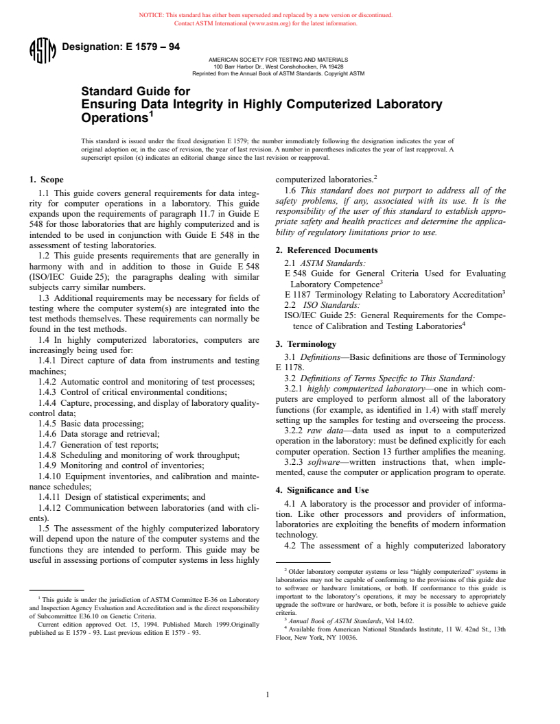 ASTM E1579-94 - Standard Guide for Ensuring Data Integrity in Highly Computerized Laboratory Operations (Withdrawn 2002)