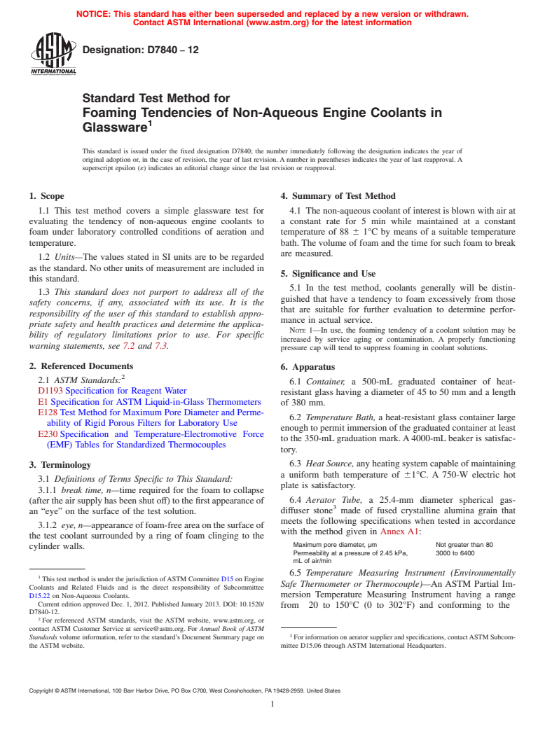 ASTM D7840-12 - Standard Test Method for Foaming Tendencies of Non-Aqueous Engine Coolants in Glassware