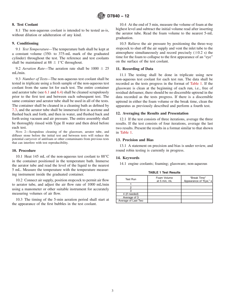 ASTM D7840-12 - Standard Test Method for Foaming Tendencies of Non-Aqueous Engine Coolants in Glassware