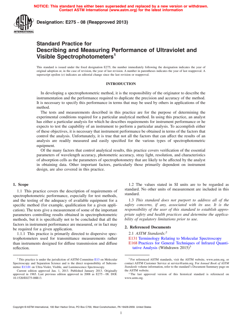 ASTM E275-08(2013) - Standard Practice for  Describing and Measuring Performance of Ultraviolet and Visible Spectrophotometers