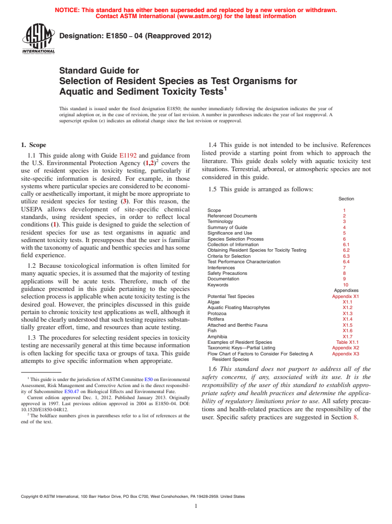 ASTM E1850-04(2012) - Standard Guide for  Selection of Resident Species as Test Organisms for Aquatic  and Sediment Toxicity Tests