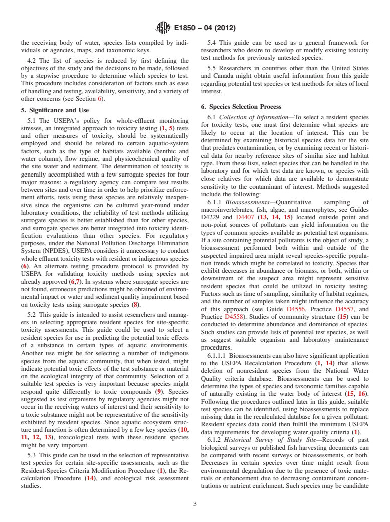 ASTM E1850-04(2012) - Standard Guide for  Selection of Resident Species as Test Organisms for Aquatic  and Sediment Toxicity Tests