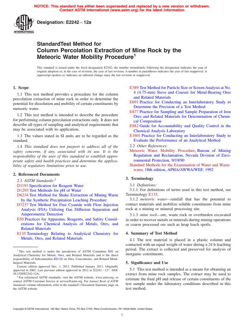 ASTM E2242-12a - Standard Test Method for  Column Percolation Extraction of Mine Rock by the Meteoric  Water Mobility Procedure