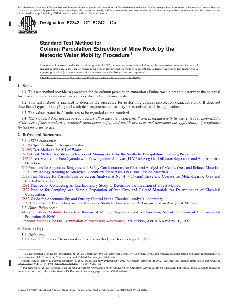 REDLINE ASTM E2242-12a - Standard Test Method for  Column Percolation Extraction of Mine Rock by the Meteoric  Water Mobility Procedure