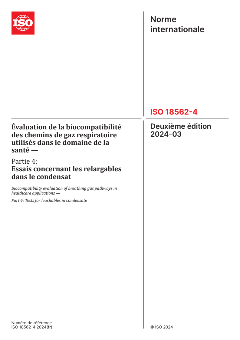 ISO 18562-4:2024 - Évaluation de la biocompatibilité des chemins de gaz respiratoire utilisés dans le domaine de la santé — Partie 4: Essais concernant les relargables dans le condensat
Released:8. 03. 2024