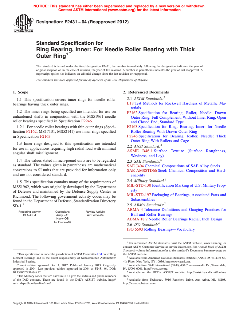 ASTM F2431-04(2012) - Standard Specification for Ring Bearing, Inner: For Needle Roller Bearing with Thick Outer Ring