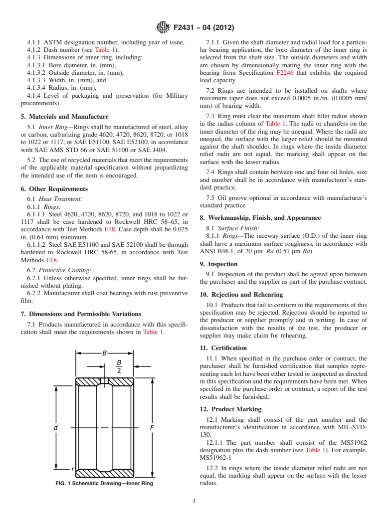 ASTM F2431-04(2012) - Standard Specification for Ring Bearing, Inner: For Needle Roller Bearing with Thick Outer Ring