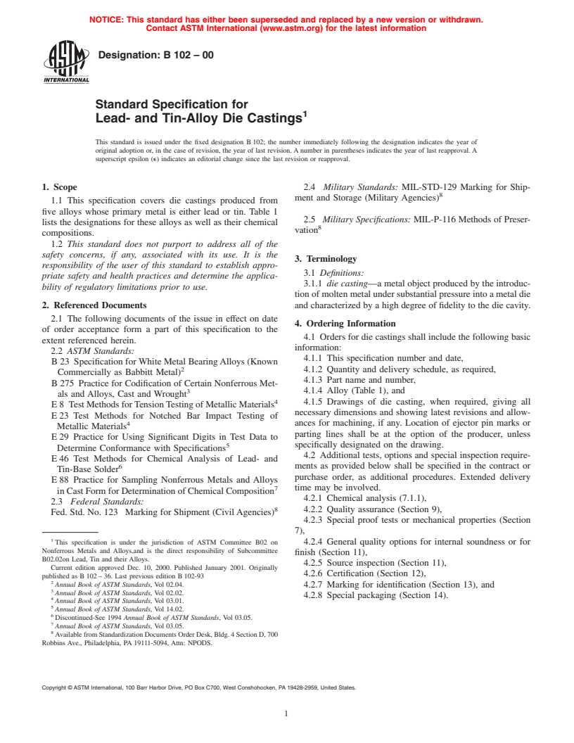 ASTM B102-00 - Standard Specification for Lead- and Tin-Alloy Die Castings