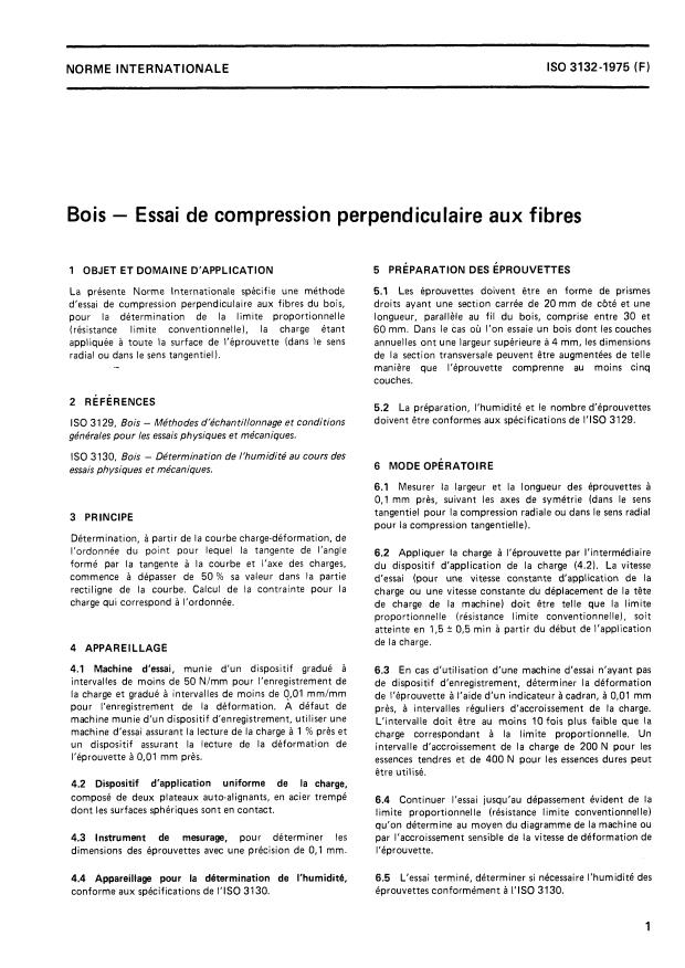 ISO 3132:1975 - Bois -- Essai de compression perpendiculaire aux fibres