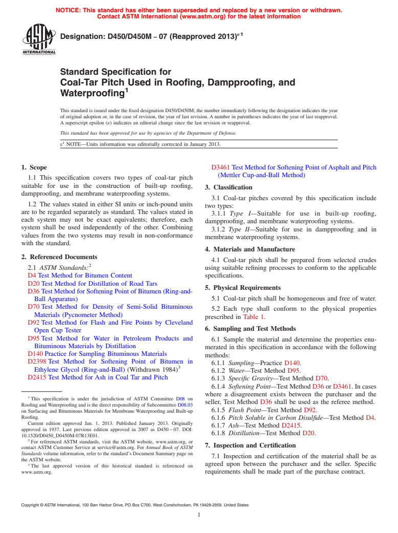 ASTM D450/D450M-07(2013)e1 - Standard Specification for Coal-Tar Pitch Used in Roofing, Dampproofing, and Waterproofing