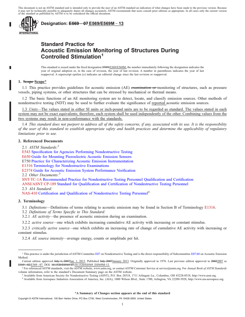 REDLINE ASTM E569/E569M-13 - Standard Practice for Acoustic Emission Monitoring of Structures During Controlled  Stimulation