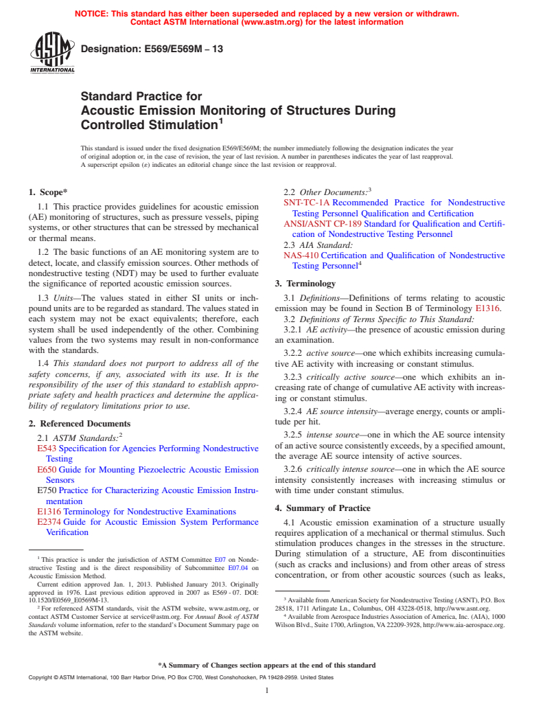 ASTM E569/E569M-13 - Standard Practice for Acoustic Emission Monitoring of Structures During Controlled  Stimulation