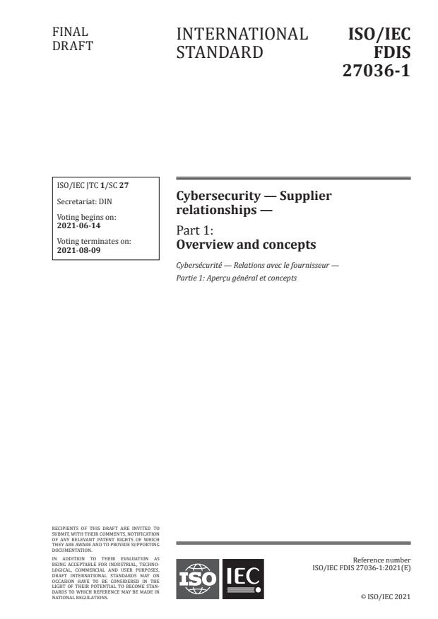 ISO/IEC FDIS 27036-1:Version 12-jun-2021 - Cybersecurity -- Supplier relationships