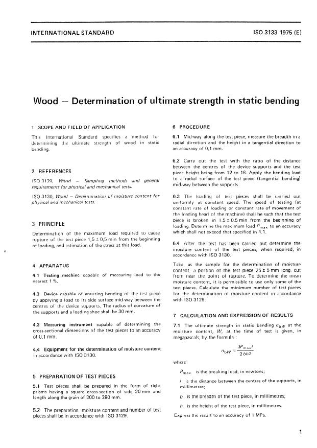 ISO 3133:1975 - Wood -- Determination of ultimate strength in static bending