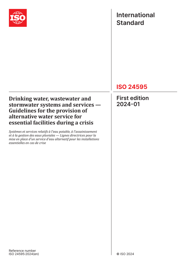 ISO 24595:2024 - Drinking water, wastewater and stormwater systems and services — Guidelines for the provision of alternative water service for essential facilities during a crisis
Released:10. 01. 2024