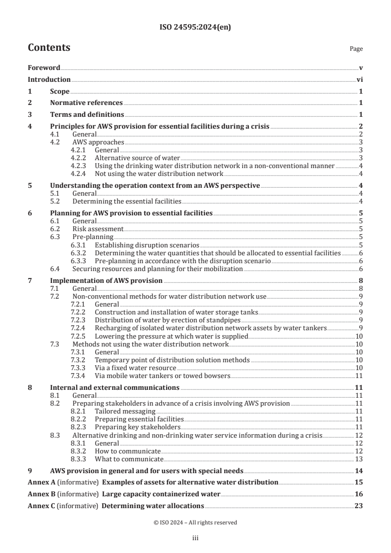 ISO 24595:2024 - Drinking water, wastewater and stormwater systems and services — Guidelines for the provision of alternative water service for essential facilities during a crisis
Released:10. 01. 2024