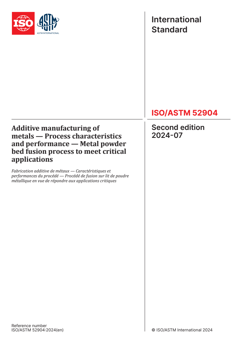 ISO/ASTM 52904:2024 - Additive manufacturing of metals — Process characteristics and performance — Metal powder bed fusion process to meet critical applications
Released:4. 07. 2024