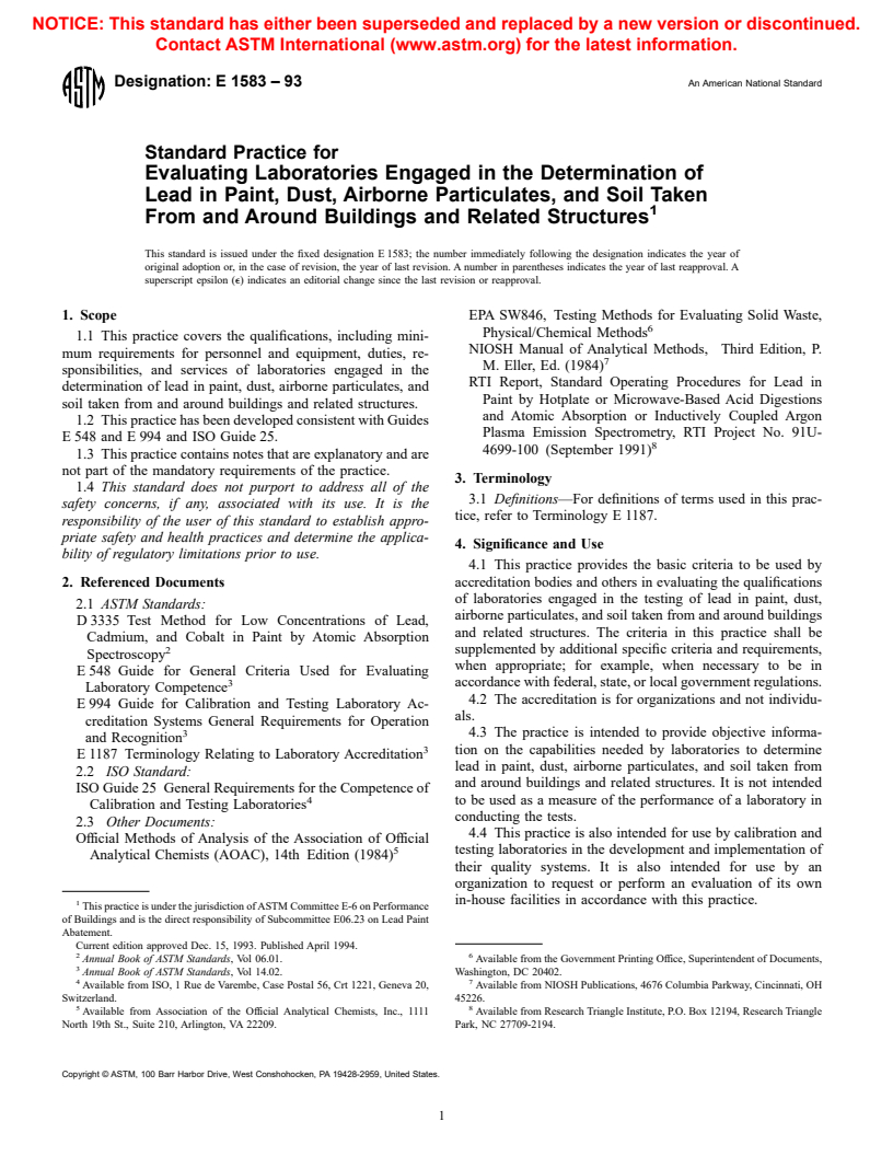 ASTM E1583-93 - Practice for Evaluating Laboratories Engaged in the Determination of Lead in Paint, Dust, Airborne Particulates, and Soil Taken From and Around Buildings and Related Structures (Withdrawn 1998)