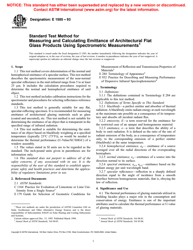 ASTM E1585-93 - Standard Test Method for Measuring and Calculating Emittance of Architectural Flat Glass Products Using Spectrometric Measurements (Withdrawn 2002)