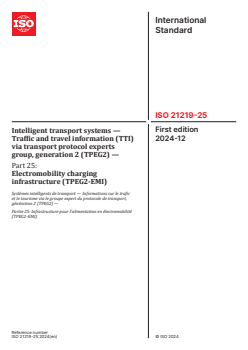 ISO 21219-25:2024 - Intelligent transport systems — Traffic and travel information (TTI) via transport protocol experts group, generation 2 (TPEG2) — Part 25: Electromobility charging infrastructure (TPEG2-EMI)
Released:12/13/2024 - Page 1 preview