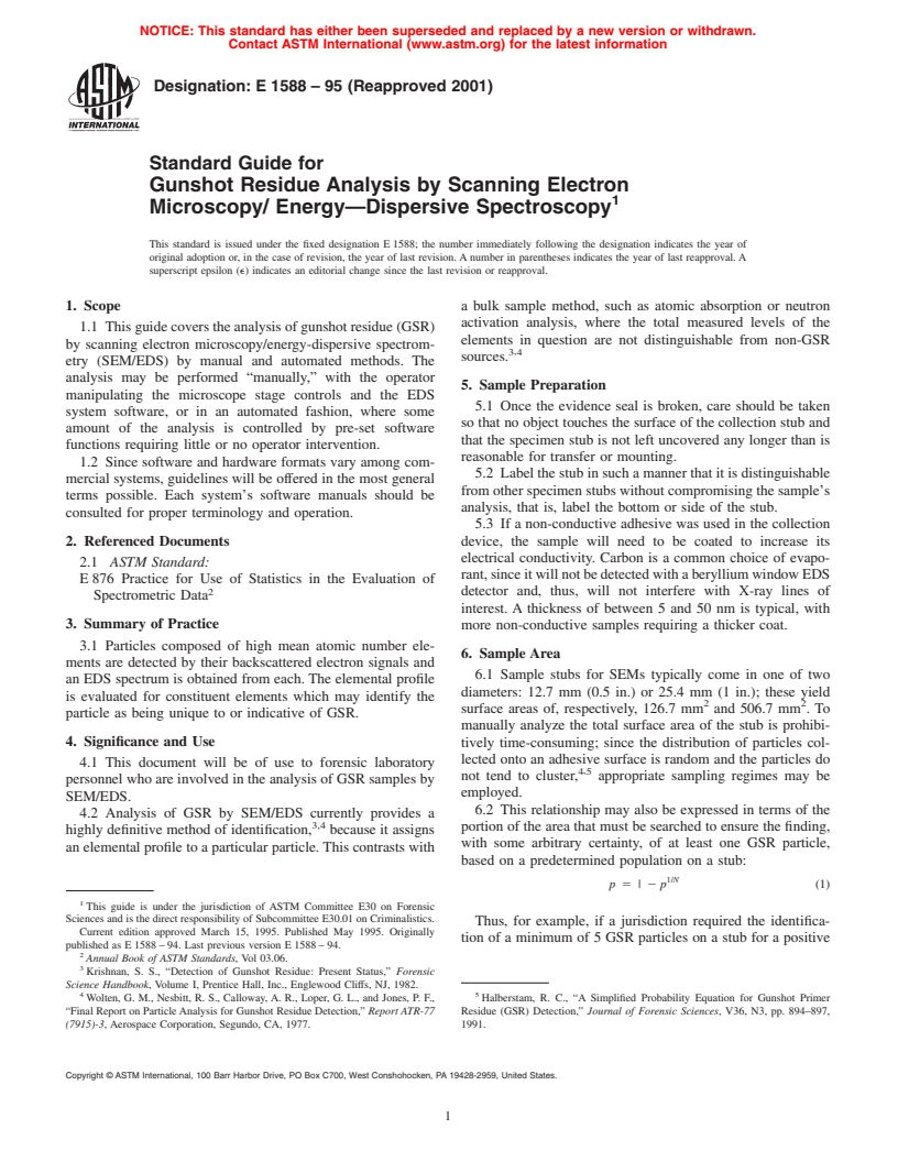 ASTM E1588-95(2001) - Standard Guide for Gunshot Residue Analysis by Scanning Electron Microscopy/ Energy-Dispersive Spectroscopy