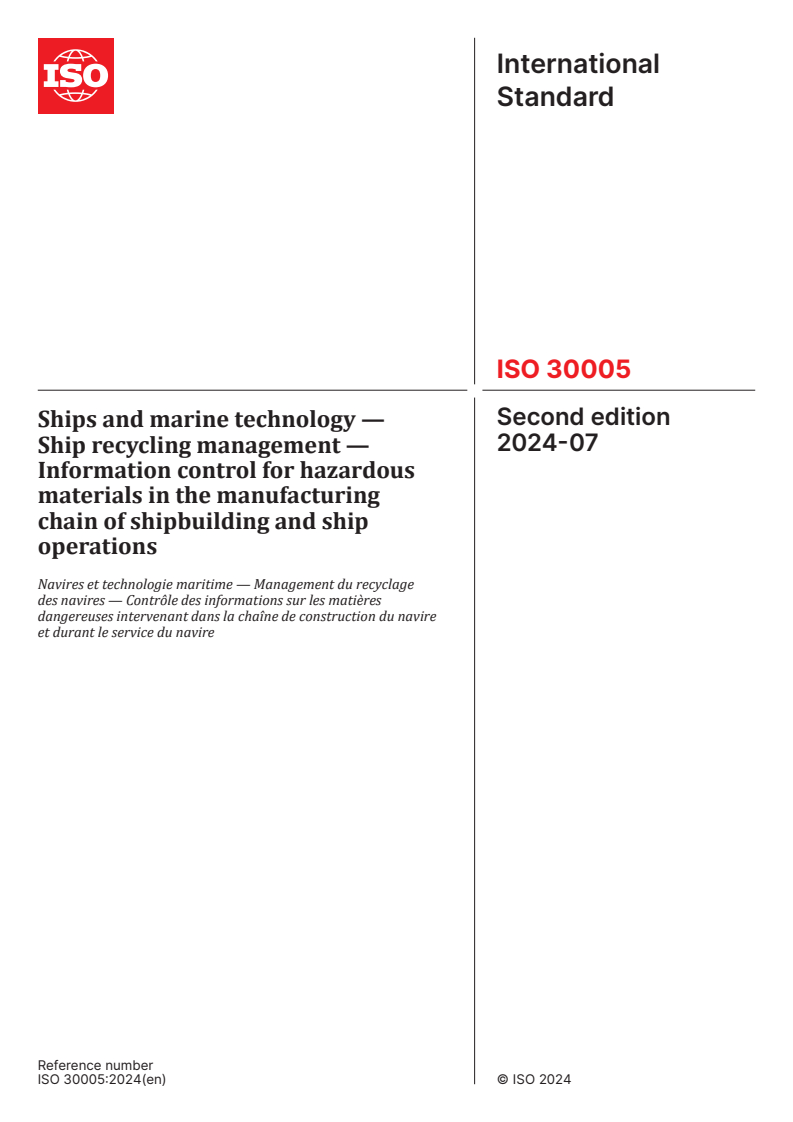 ISO 30005:2024 - Ships and marine technology — Ship recycling management — Information control for hazardous materials in the manufacturing chain of shipbuilding and ship operations
Released:16. 07. 2024