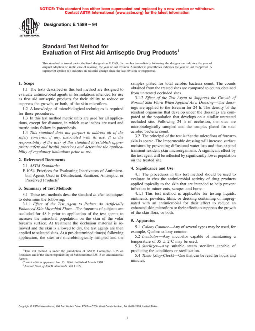 ASTM E1589-94 - Standard Test Method for Evaluation of First Aid Antiseptic Drug Products (Withdrawn 2003)