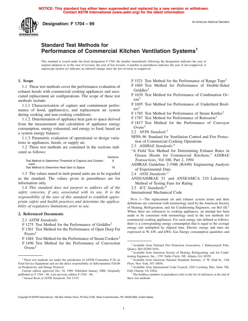 ASTM F1704-99 - Standard Test Method for Performance of Commercial Kitchen Ventilation Systems